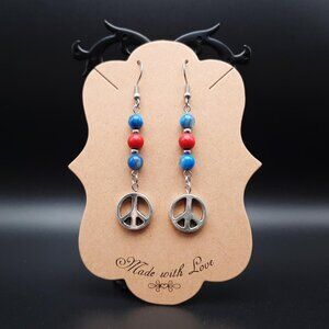 Peace Sign Red & Blue Stone USA July 4th Dangle Drop Earrings Handmade Jewelry